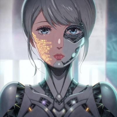 The primary subject of the image is a woman with a futuristic, cyberpunk appearance. She is wearing a silver and black outfit, which includes a silver helmet and a silver face mask. The setting is a futuristic environment, possibly a dystopian cityscape. The visual style is a combination of digital art and illustration, creating a striking and unique image. The colors and mood of the image are predominantly silver and black, giving it a sleek and high-tech feel.